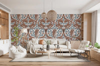 Mocha and slate blue keep a Living room cosy with woodland owl wallpaper