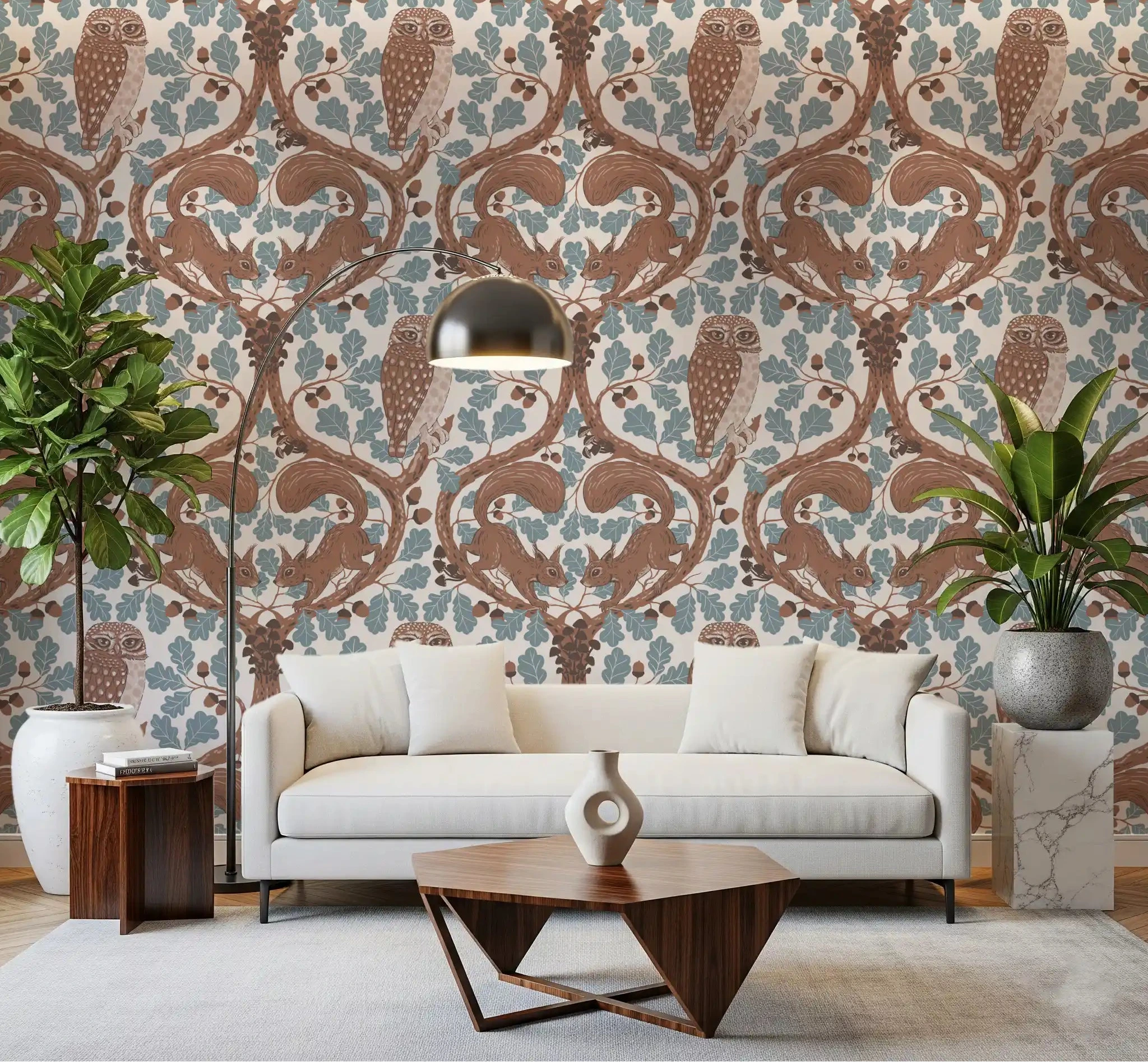 Mocha Woodland Wallpaper with Oak Owls and Squirrels