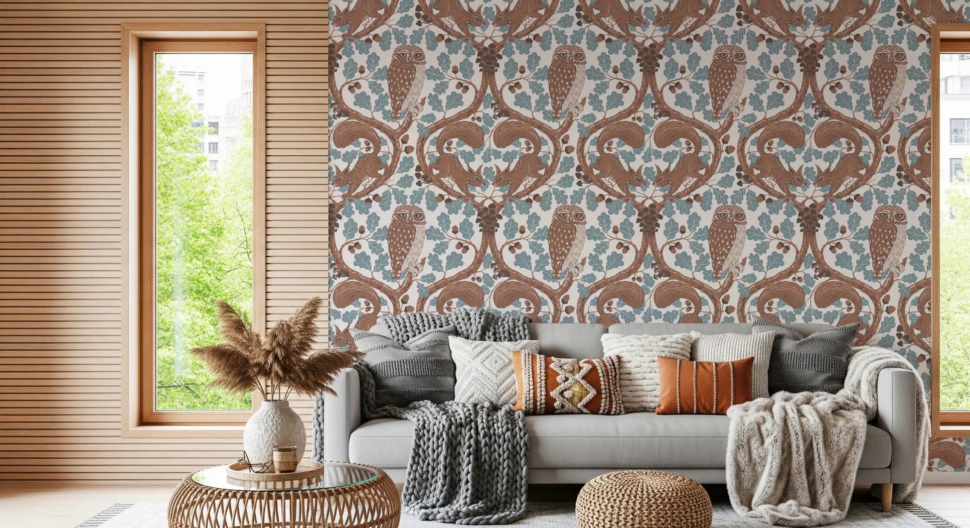 Climbing squirrels frame a low-lit Living room in mocha woodland wallpaper