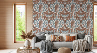Climbing squirrels frame a low-lit Living room in mocha woodland wallpaper