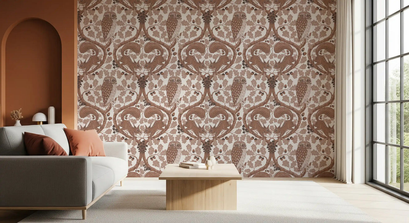 Woodland Whispers/Owls and Squirrels in the Oak/mocha mousse and coffee brown 2 Wallpaper⁠