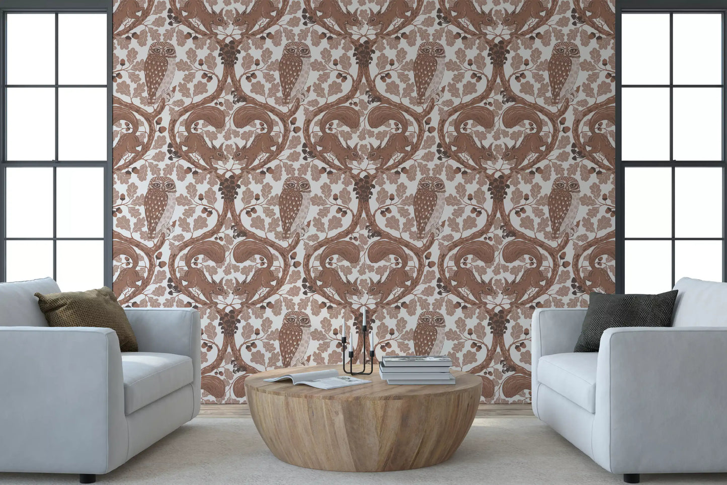 Woodland Whispers/Owls and Squirrels in the Oak/mocha mousse and coffee brown 2 Wallpaper⁠