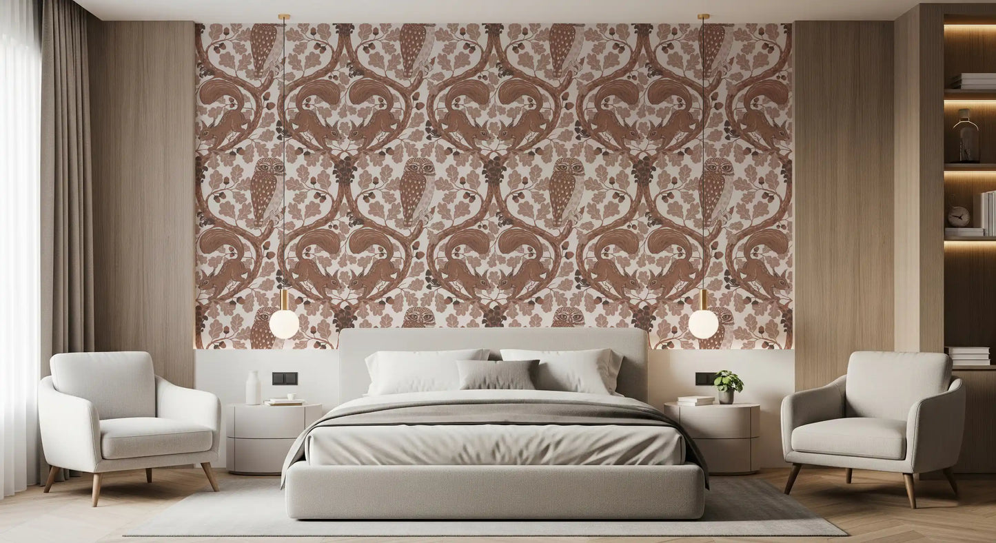 Woodland Whispers/Owls and Squirrels in the Oak/mocha mousse and coffee brown 2 Wallpaper⁠