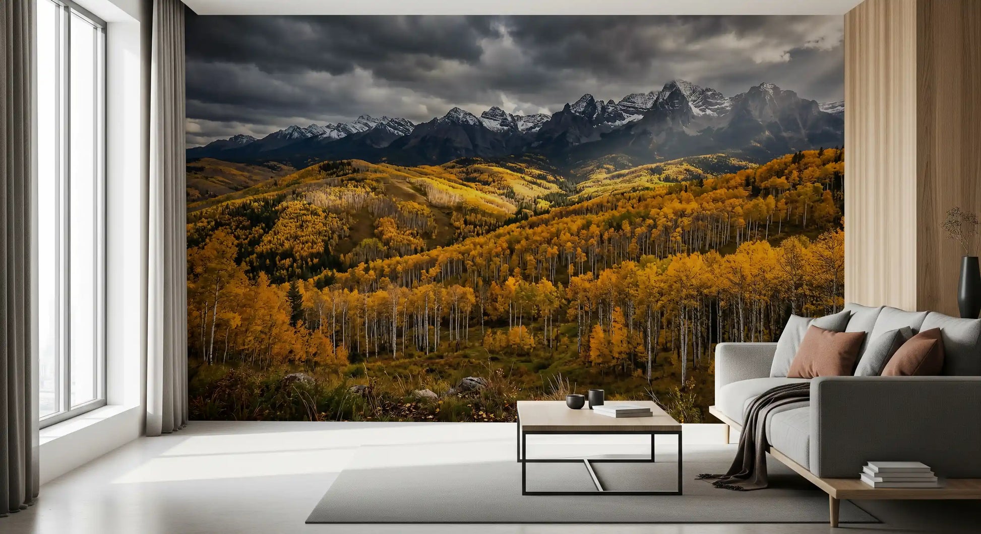 A sweeping highland panorama adds depth to a sitting room, Golden Embrace wall mural