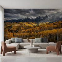 Autumn's Golden Embrace wall mural showing gold aspens beneath snow-capped peaks