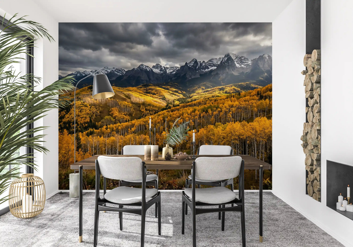 Framing a relaxed Dining room with amber autumn forest, the Golden Embrace wall mural