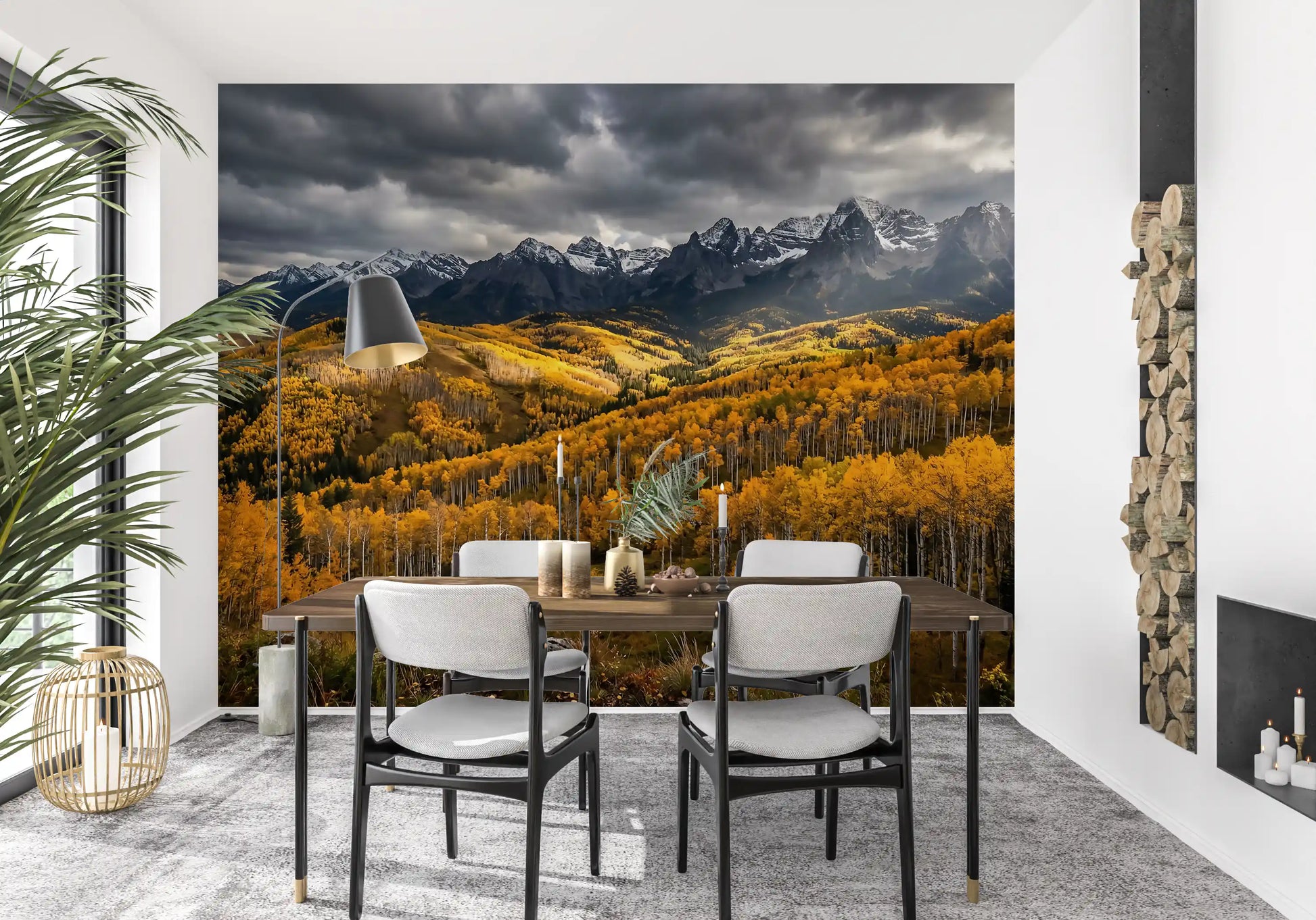 Framing a relaxed Dining room with amber autumn forest, the Golden Embrace wall mural
