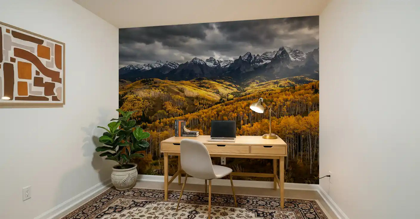 Snow-dusted peaks meet a serene Study room in the Golden Embrace autumn wall mural
