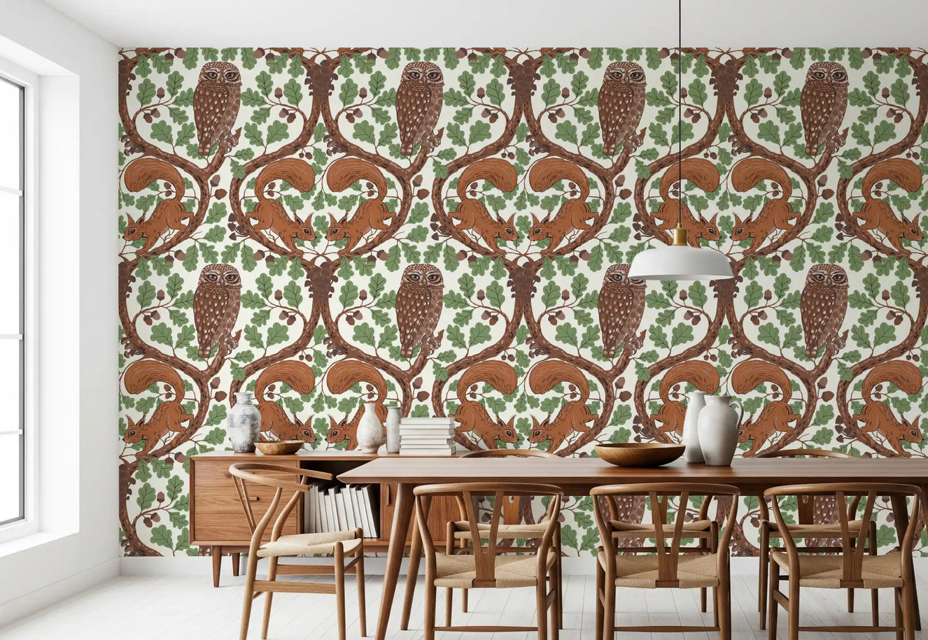 Woodland Whispers owl and squirrel wallpaper warming a relaxed dining room