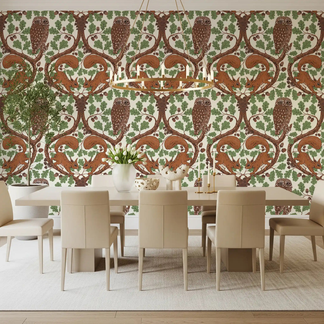 Woodland Whispers/Owls and Squirrels in the Oak/mocha mousse and coffee brown 3 Wallpaper⁠