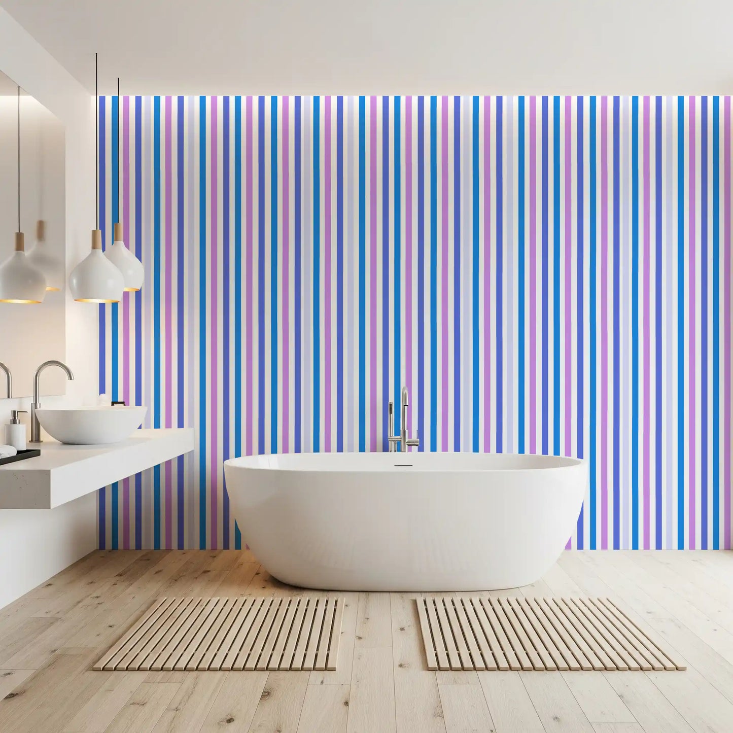 Vertical lines hold a crisp, clean look along this lilac and blue stripe wallpaper