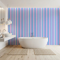 Vertical lines hold a crisp, clean look along this lilac and blue stripe wallpaper