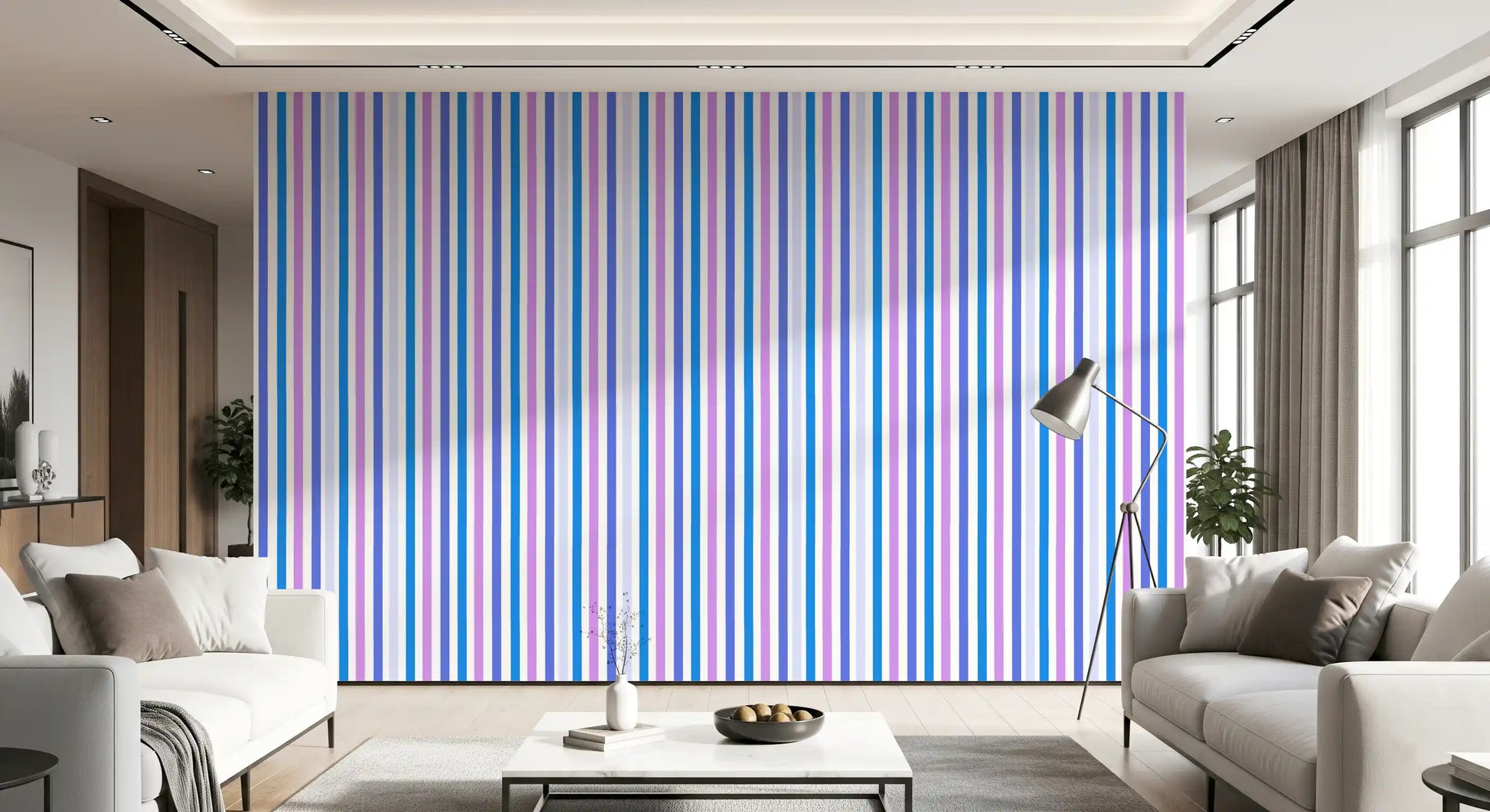 Cool blue and lilac tones give this striped wallpaper a balanced finish