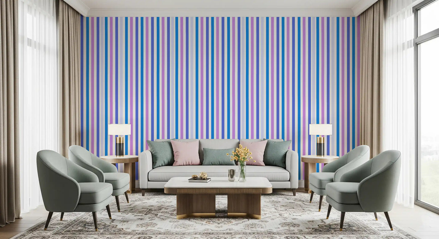 Calm Living room dressed in blue and lilac vertical stripe wallpaper from top to base