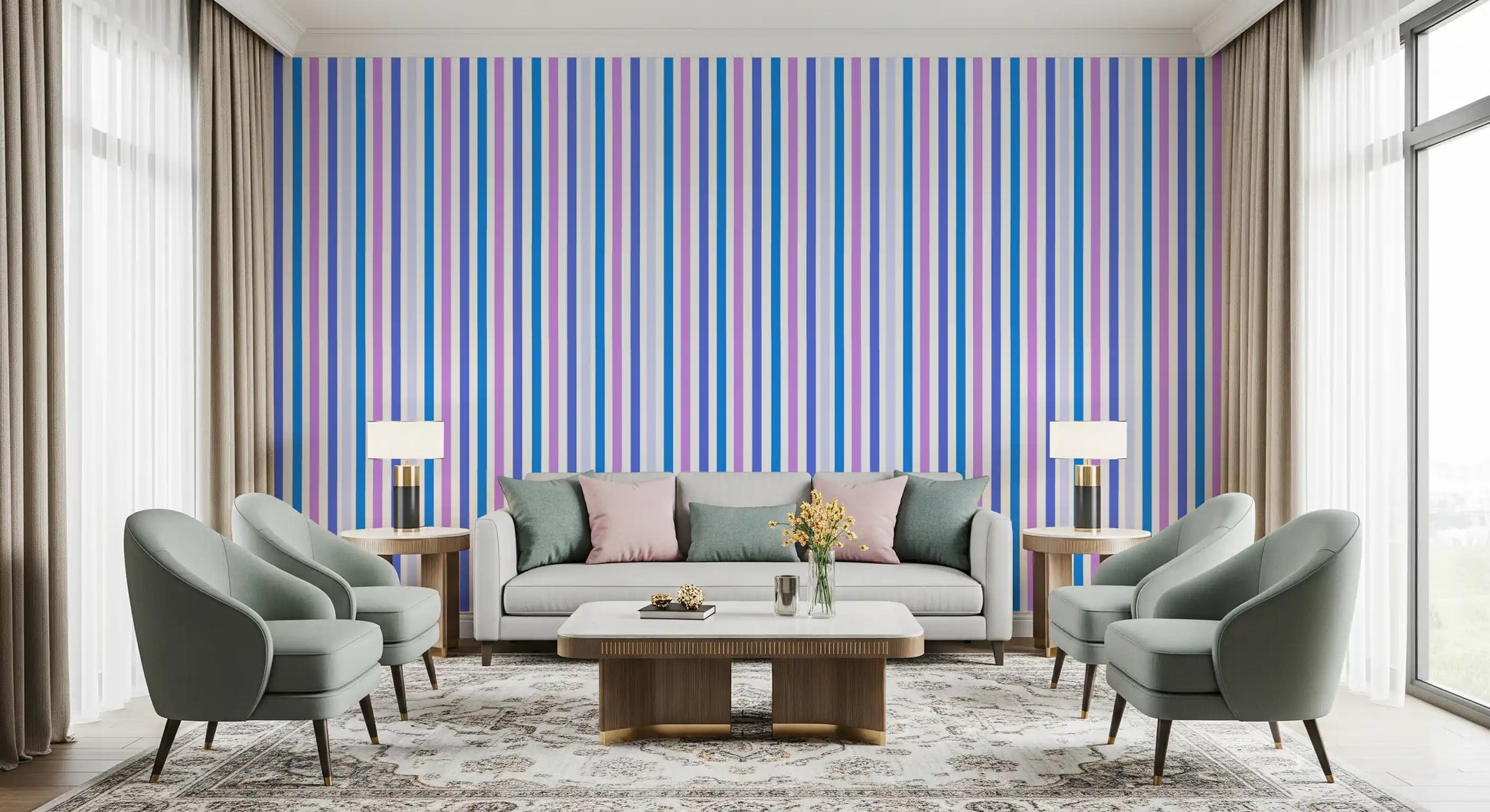 Calm Living room dressed in blue and lilac vertical stripe wallpaper from top to base