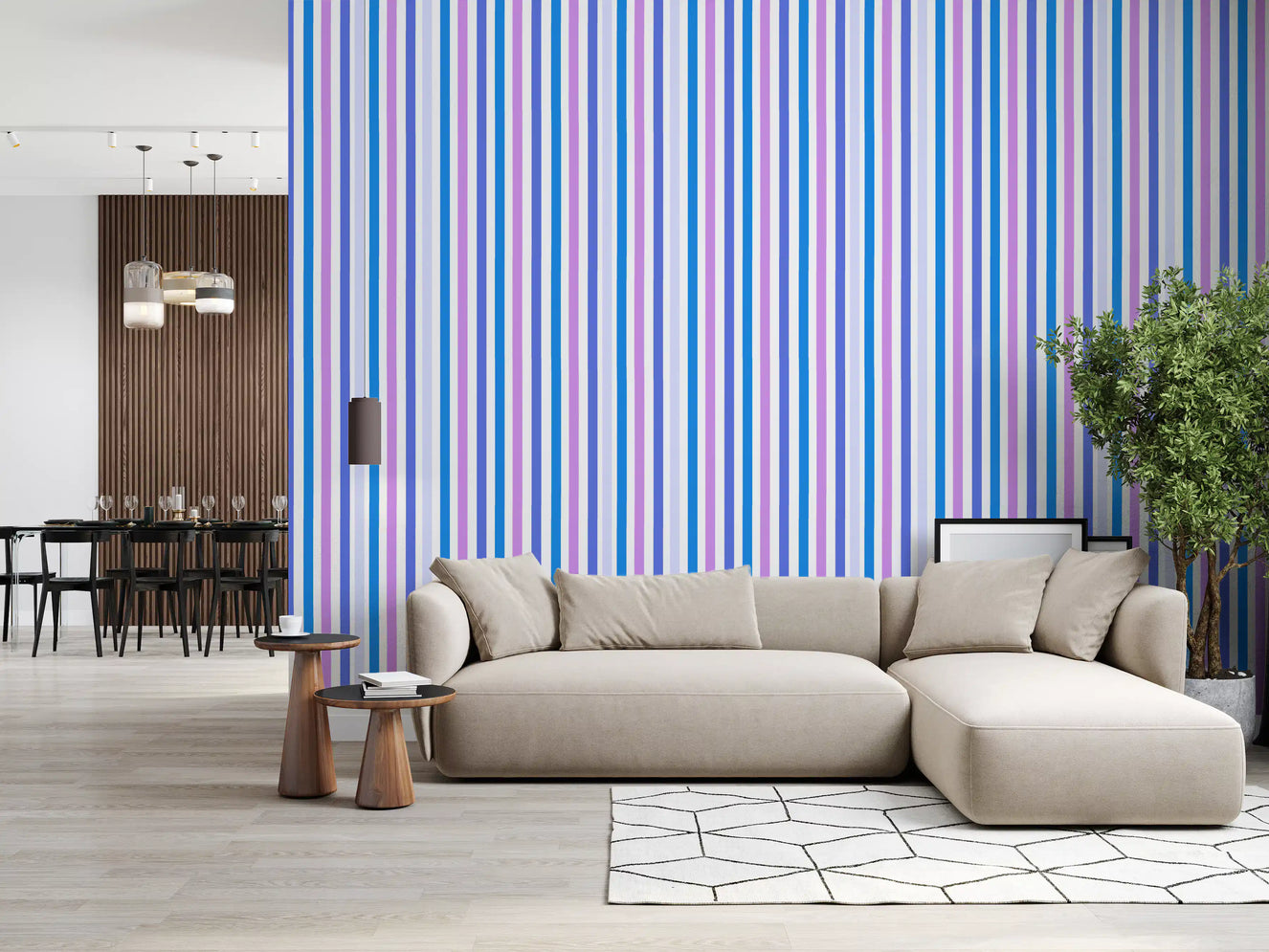 Blue & Lilac Vertical Harmony Stripes Wallpaper⁠