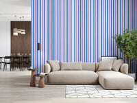 Lilac and blue striped wallpaper adding gentle rhythm to a bright lounge area