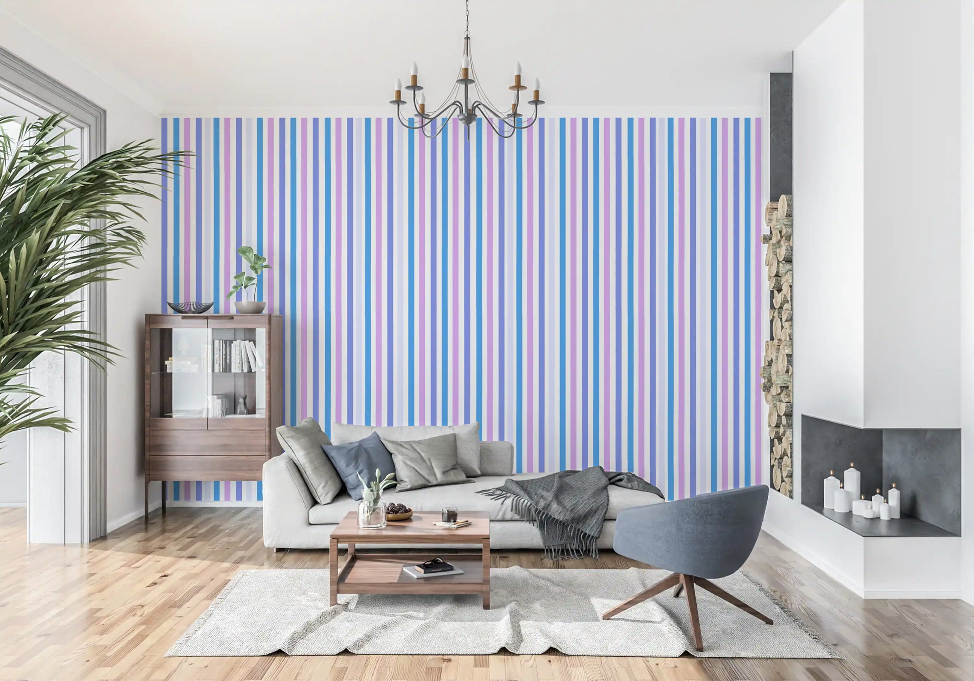 Blue and lilac vertical stripe wallpaper showing a steady, even repeat