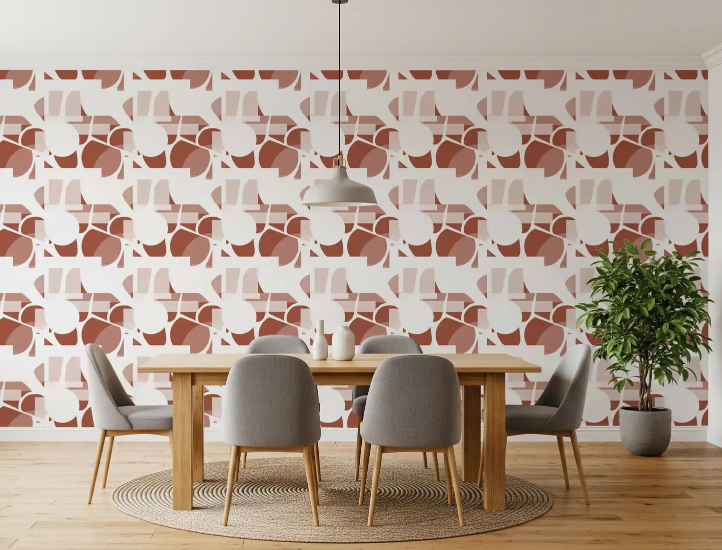 Terracotta geometric flow wallpaper with overlapping clay circles and half-moons