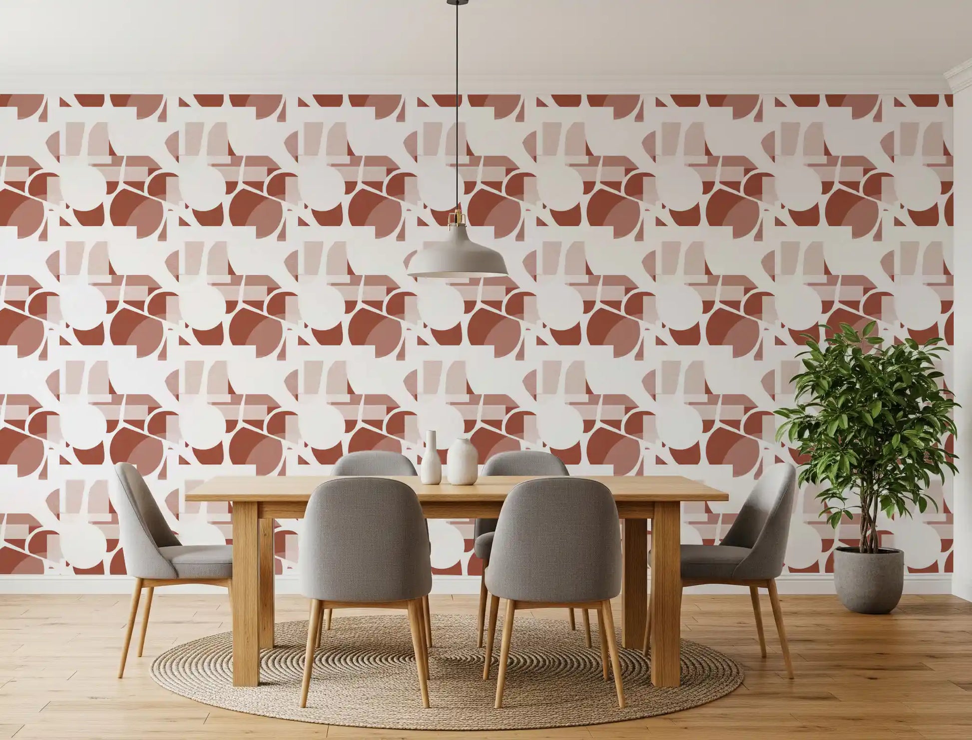 Terracotta geometric flow wallpaper with overlapping clay circles and half-moons