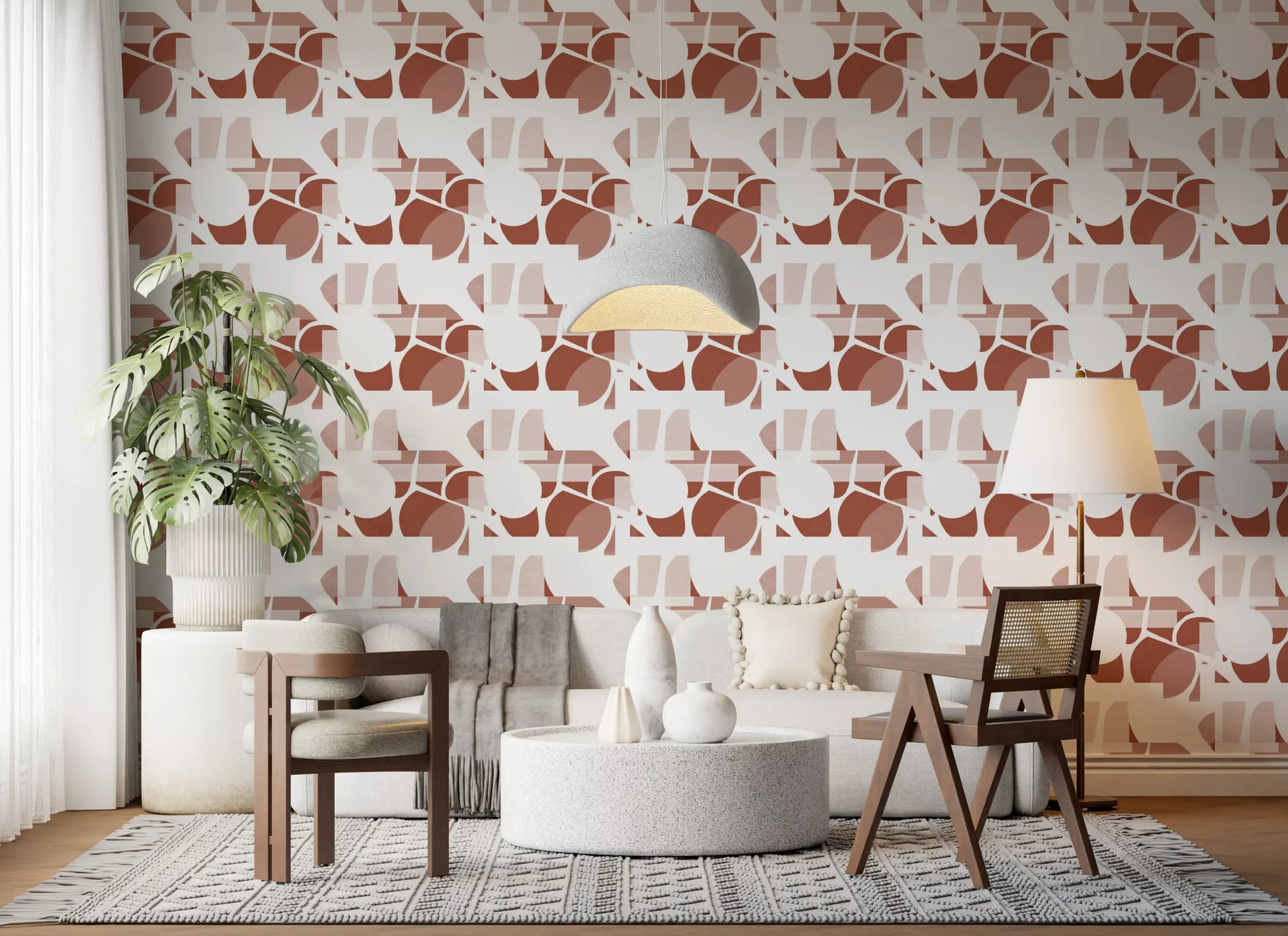 Framing a bright Living room space geometric flow wallpaper adds clay warmth