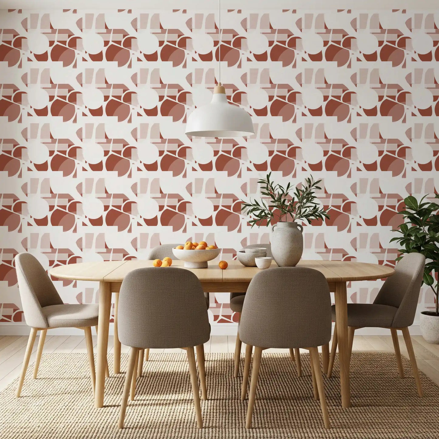 Rust and blush shapes scatter evenly across this clay shapes wallpaper pattern