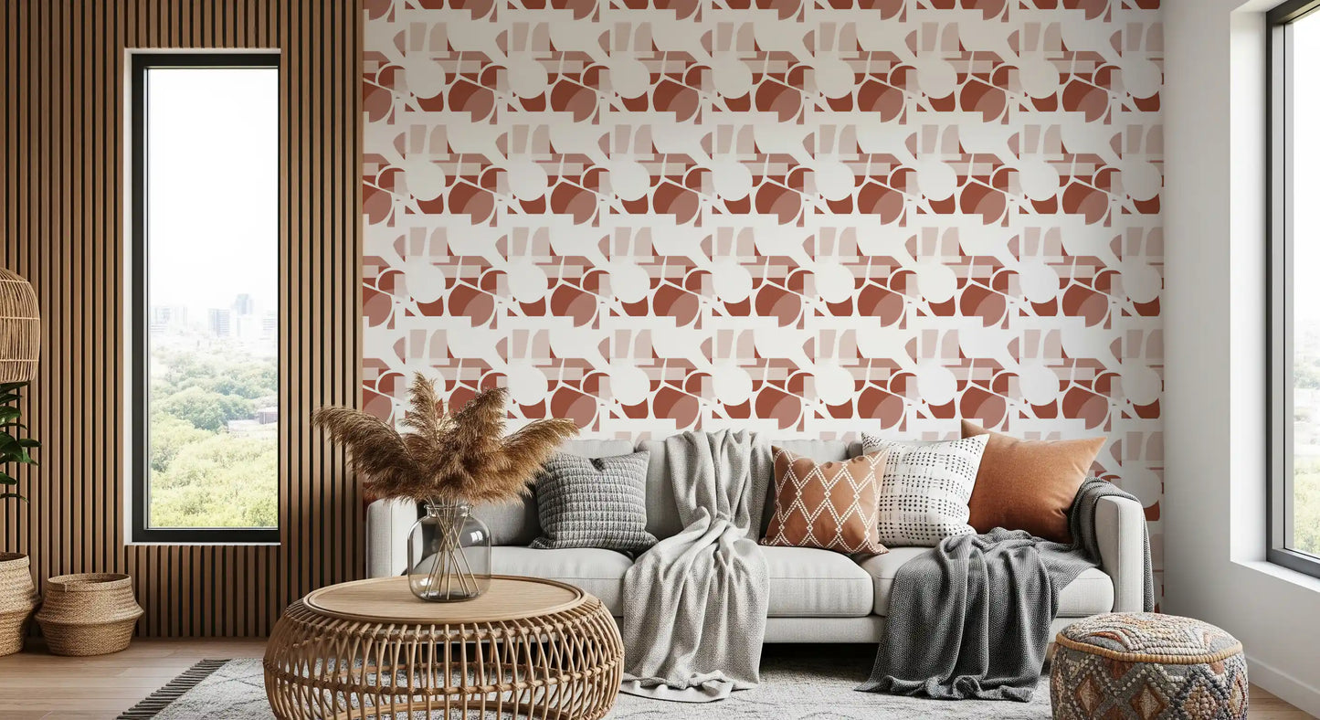 The woven texture under the shapes gives this geometric wallpaper a crafted look