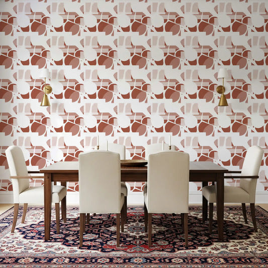 Terracotta clay shapes wallpaper warms a bright dining room with rust geometry
