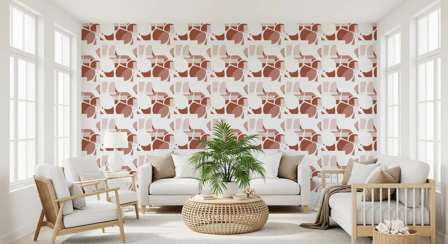 Rounded terracotta forms spread over a calm lounge in this geometric flow wallpaper