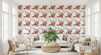 Rounded terracotta forms spread over a calm lounge in this geometric flow wallpaper