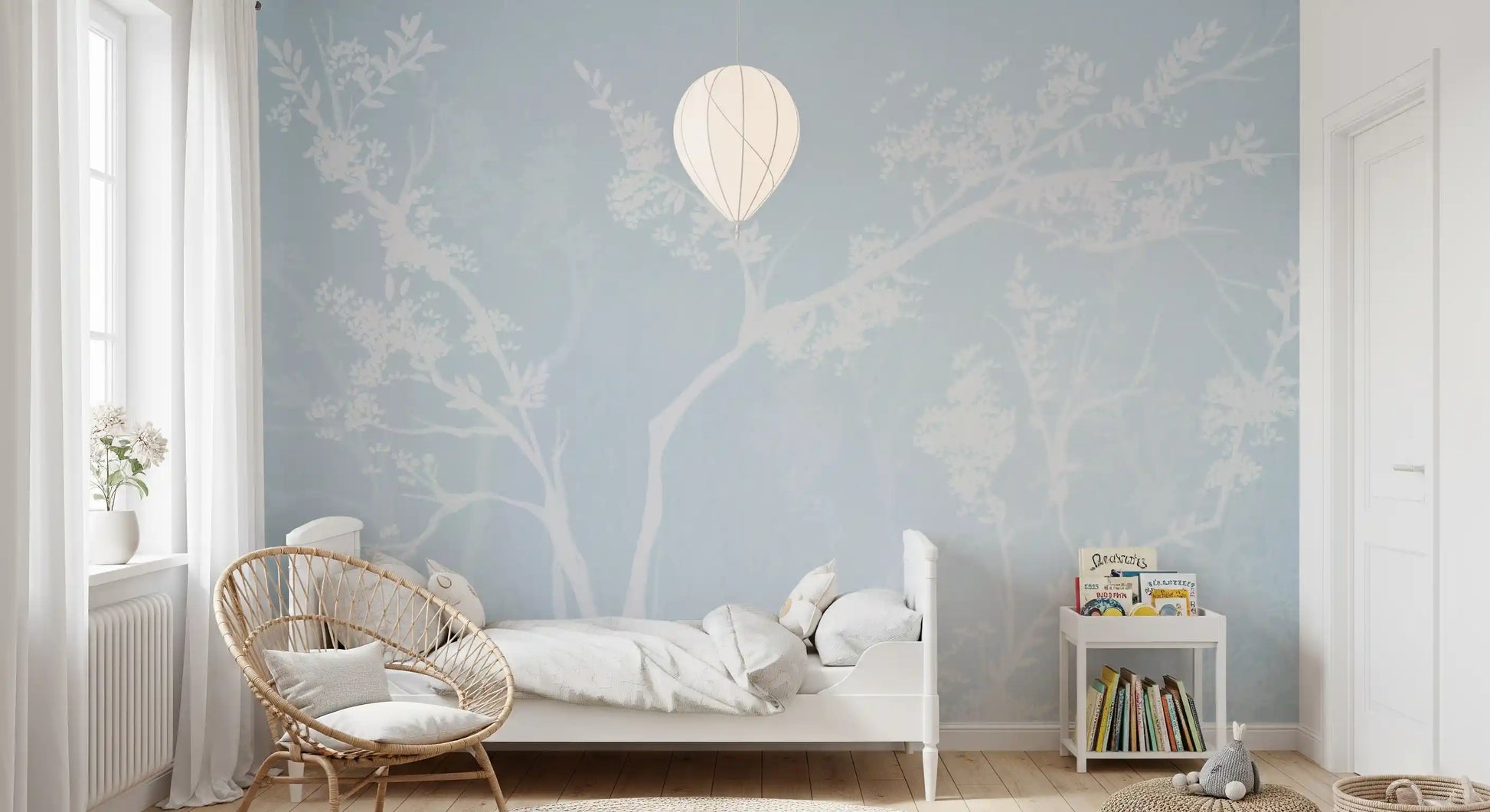 Kids bedroom gains an airy, hazy mood from this Ethereal Blossom wall mural.