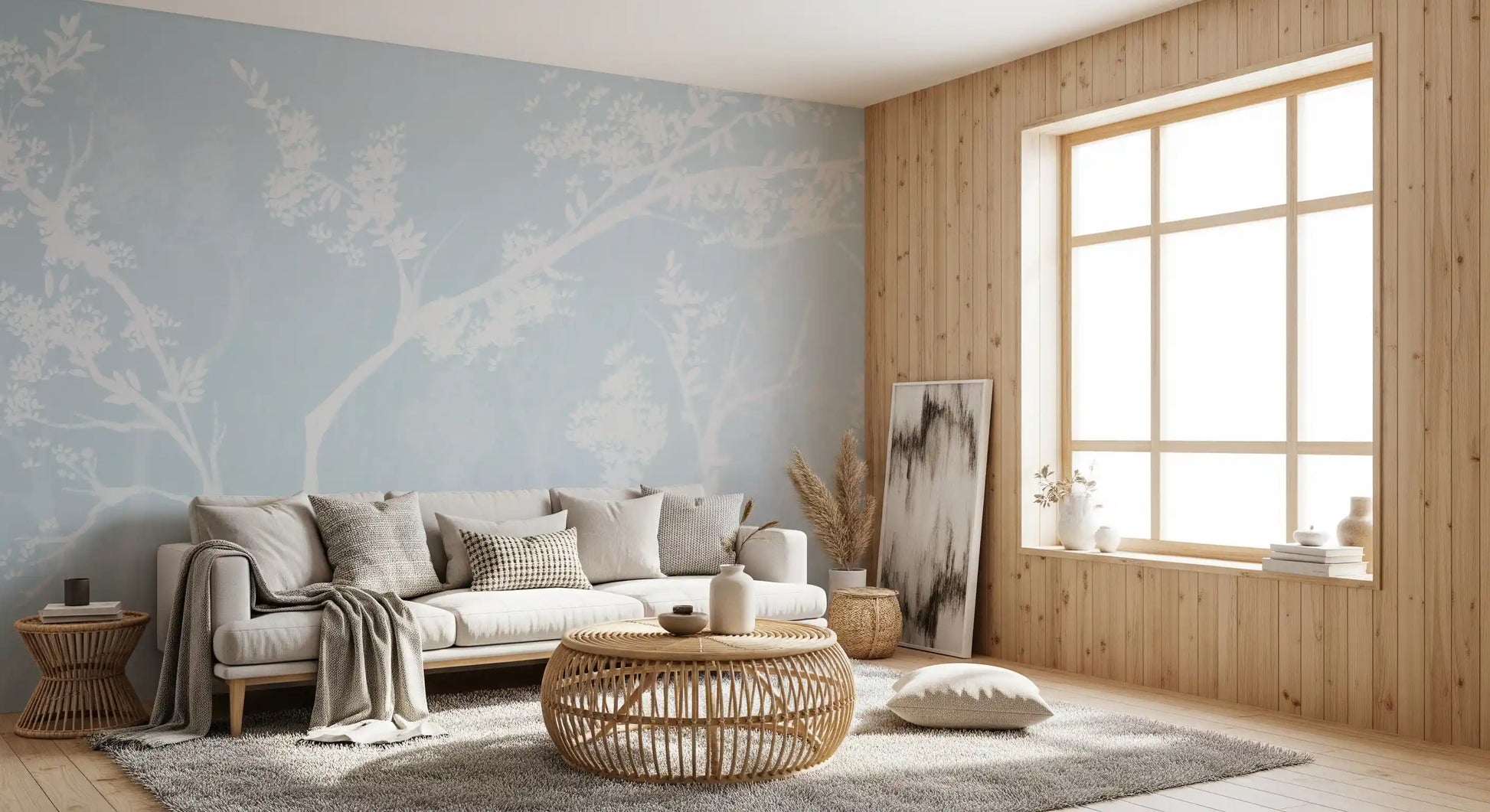 Add a gentle blue haze to a Living room with this Blossom Silhouette wall mural.