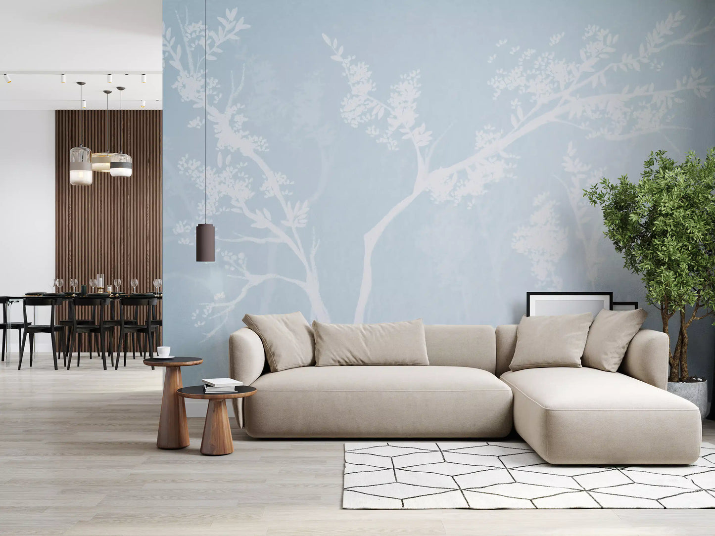 Ethereal Blue Blossom wall mural shows white branches in a misty haze.