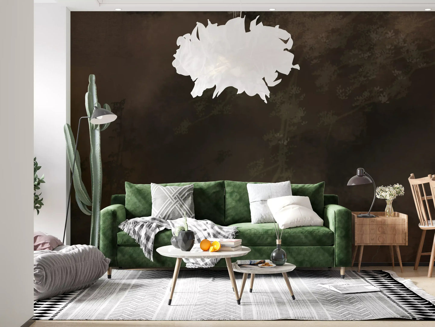 Dark forest mist calms the lounge with this tapestry wall mural