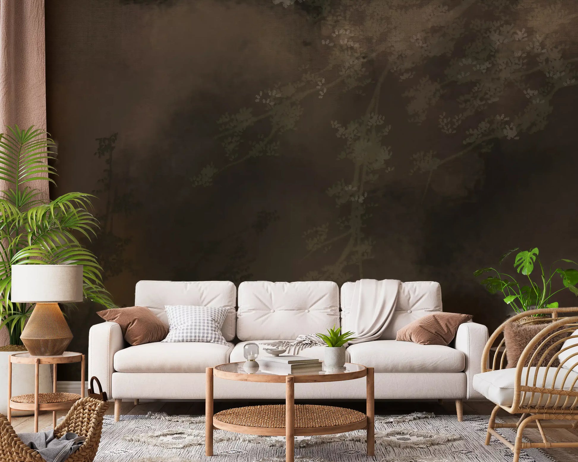 Low amber light warms a Living room  through this hazy forest wall mural