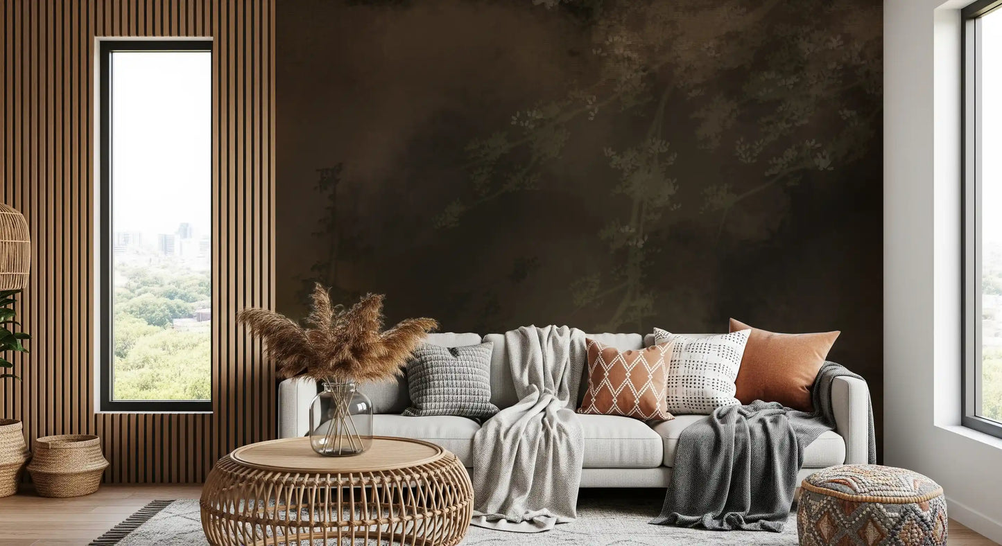 Pale blossom drifts through brown fog in this misty forest wall mural