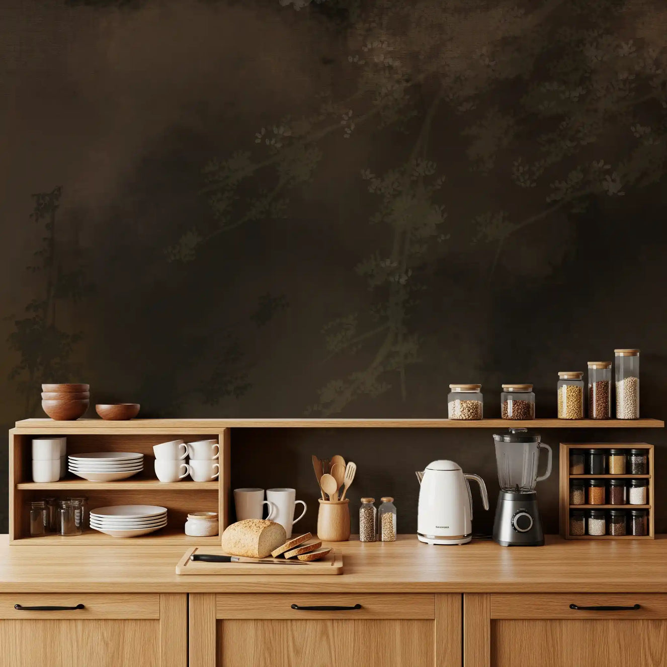 Moody misty forest wall mural deepens a calm kitchen-dining space