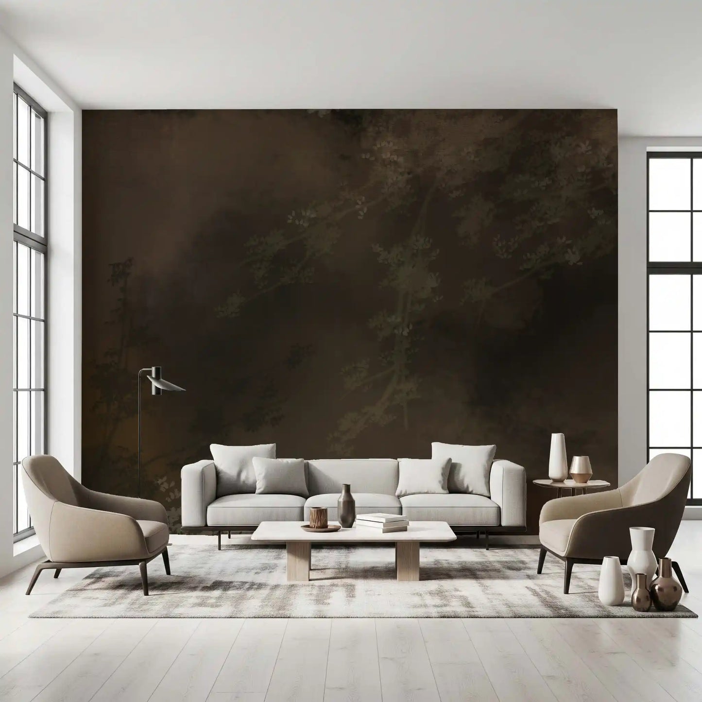 Faint branches surface from deep shadow in this moody wall mural