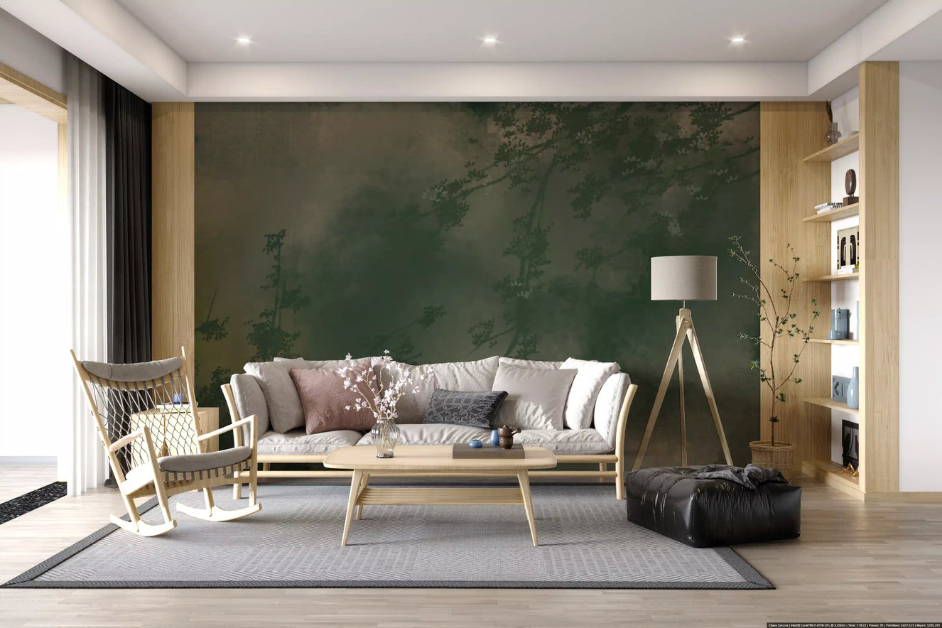 Verdant Mist Branches Moody Green Forest Wall Mural