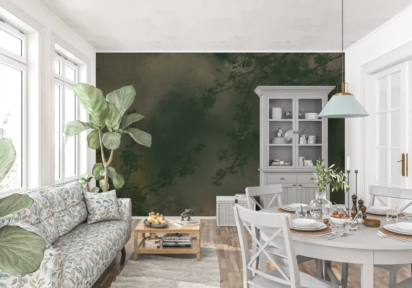 Slender branches and faint blossom float through the Verdant Mist wall mural
