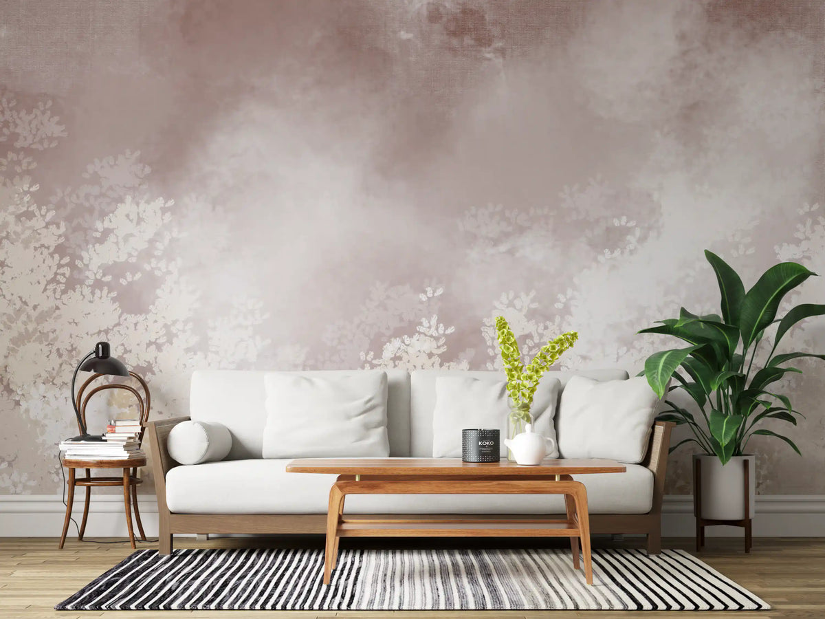 Misty pastel blossoms drift over a calm living room, Gentle Leaf Veil wall mural