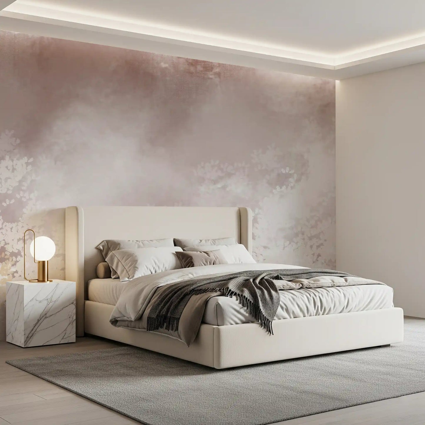 A dreamy veil of cream blossoms calms a quiet bedroom, Gentle Leaf wall mural
