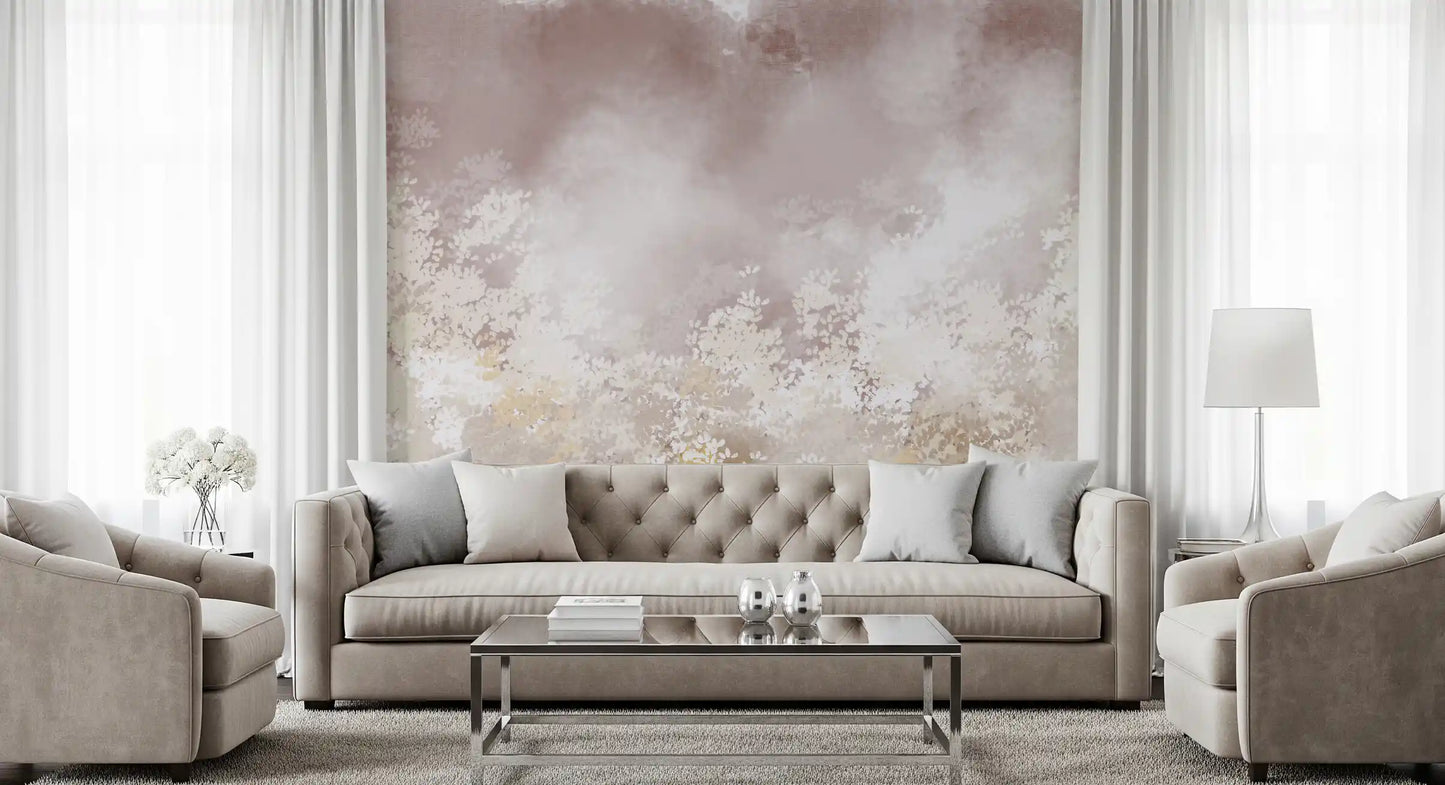 Gentle Leaf Veil wall mural wrapping a bright, airy living room in pastel haze