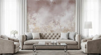 Gentle Leaf Veil wall mural wrapping a bright, airy living room in pastel haze