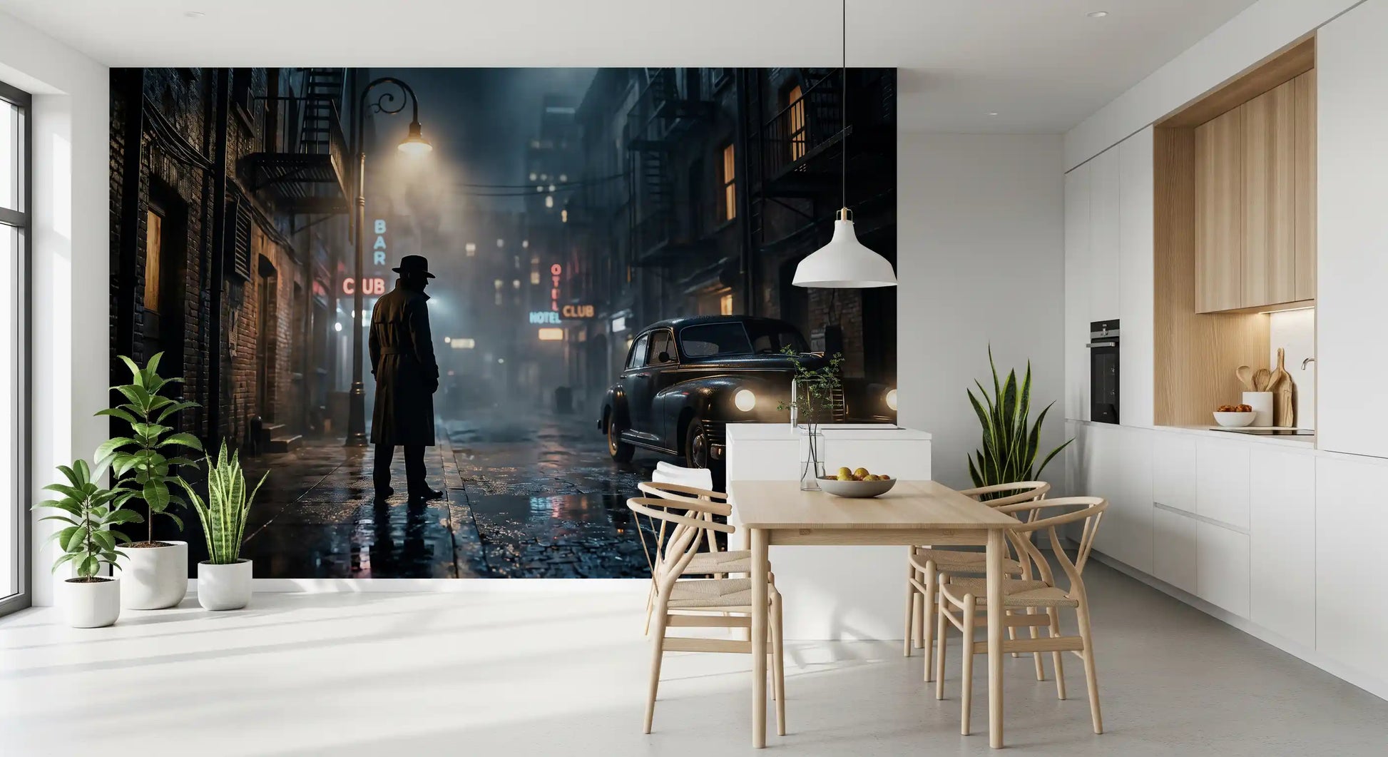 Rainy noir street scene wall mural adds moody depth to a bright kitchen-dining space