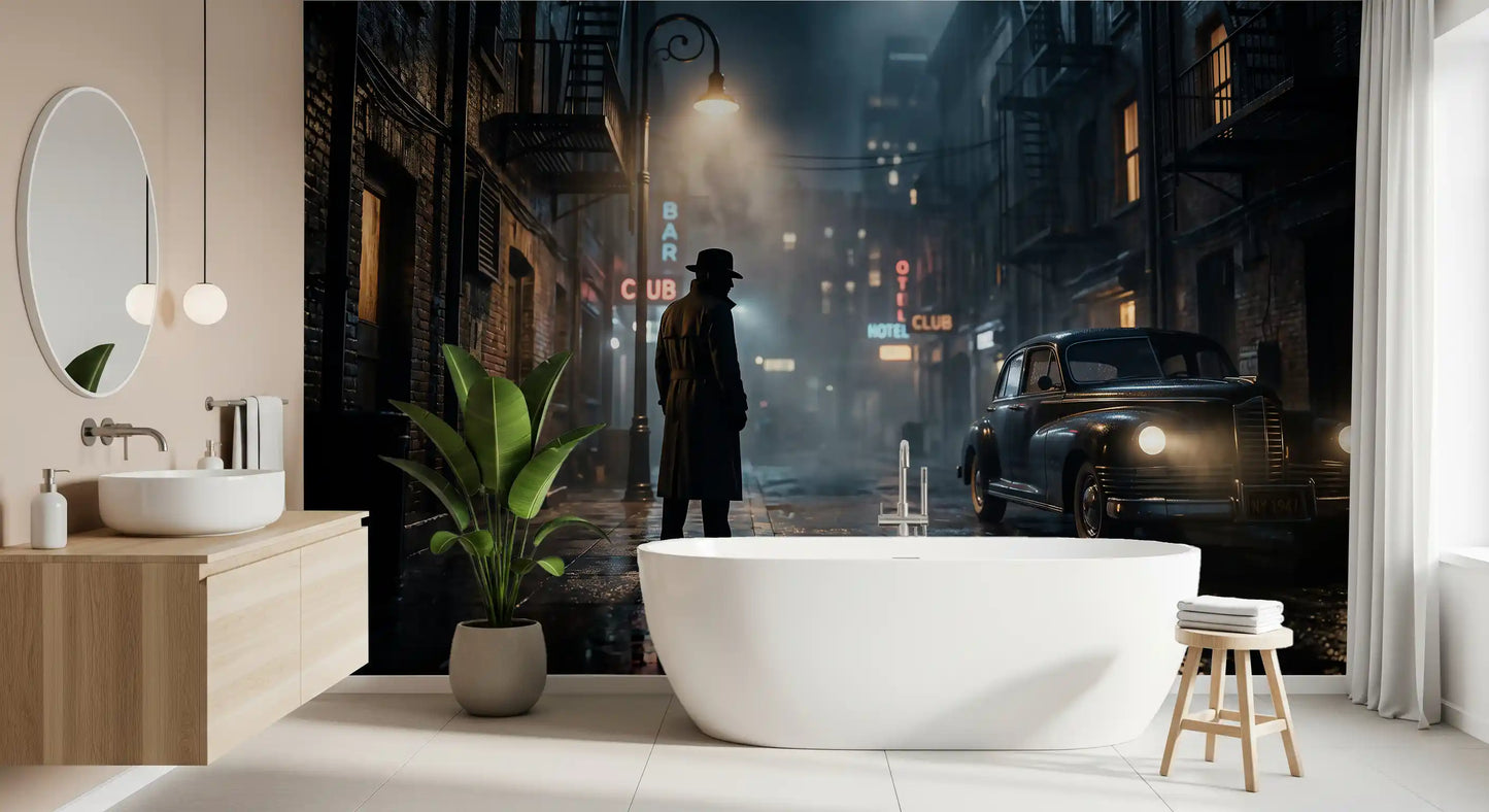 Midnight city noir wall mural showing a lone figure under a glowing street lamp