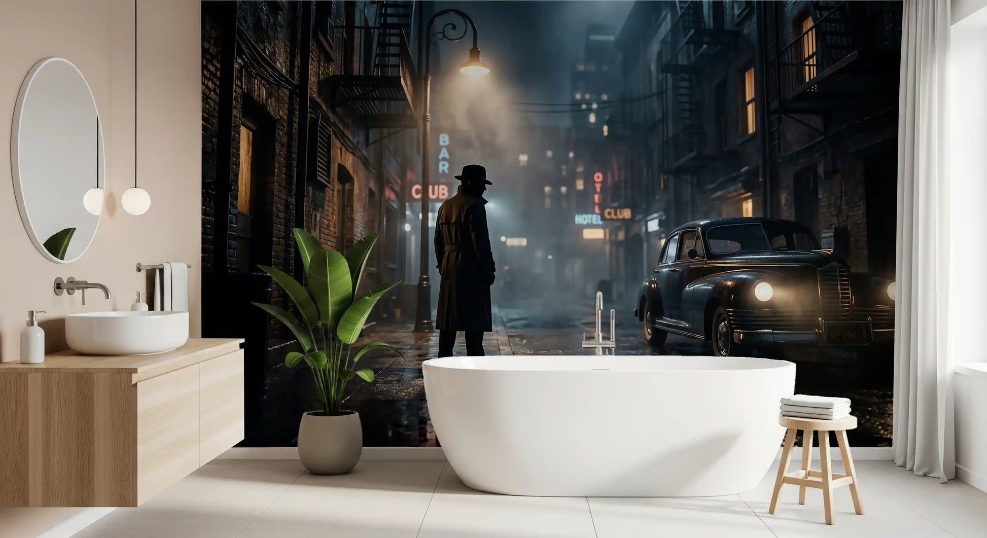 Midnight city noir wall mural showing a lone figure under a glowing street lamp