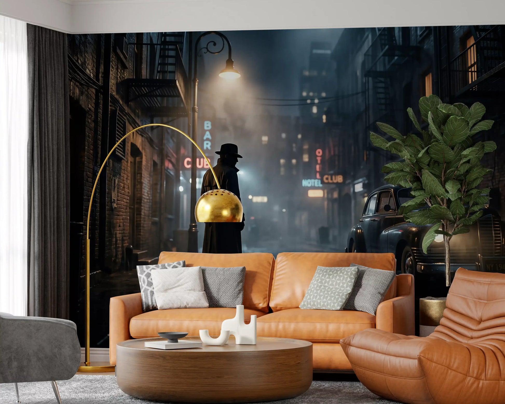 A relaxed living room gains filmic drama from this midnight city noir wall mural