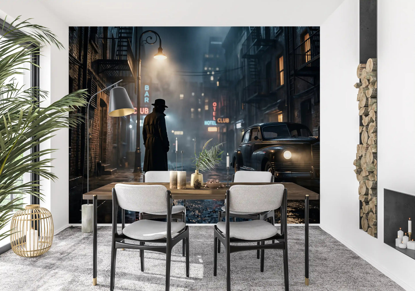 Rain-slicked cobblestones and neon signs define this noir city scene wall mural