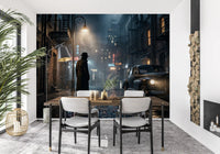 Rain-slicked cobblestones and neon signs define this noir city scene wall mural